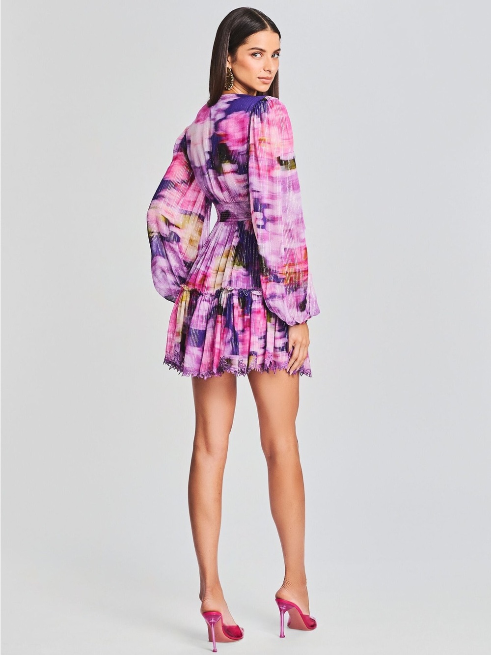 Hemant and Nandita Floral Purple-Pink V-Neck Tiered Mini Dress - Anay - Picture 2 of 8